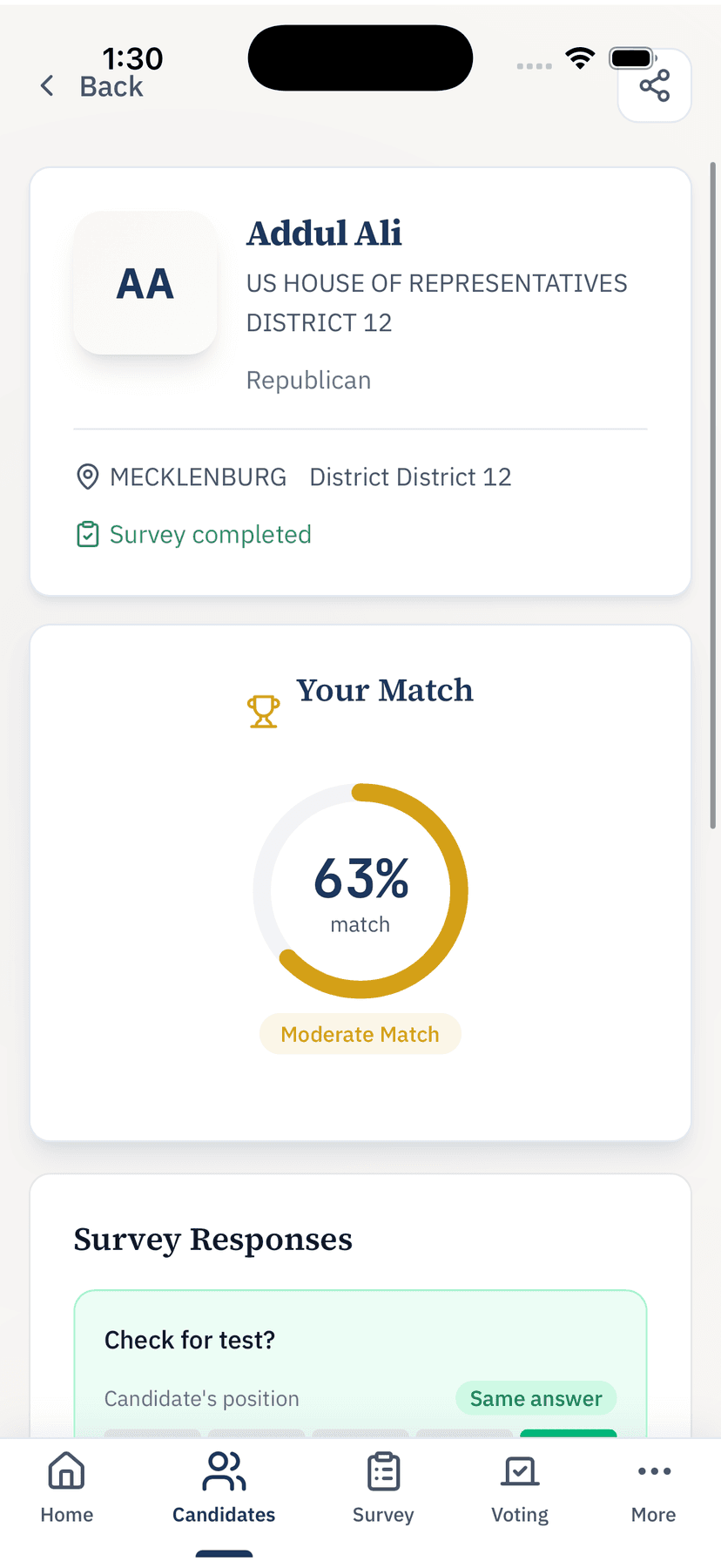 Candidate match screen